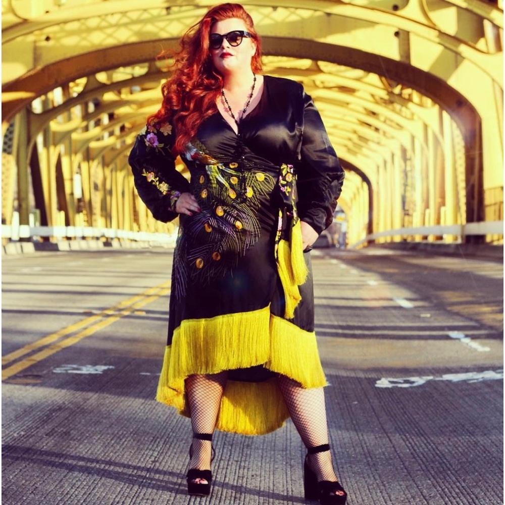 COPY - ASOS DESIGN Curve kimono midi dress
fringe in embroidered satin peacock …